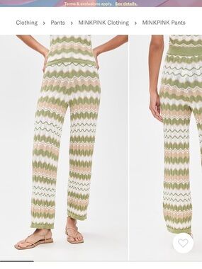 MINKPINK Olive Green, Cream & Pink Zigzag Knit Wide-Leg Pants